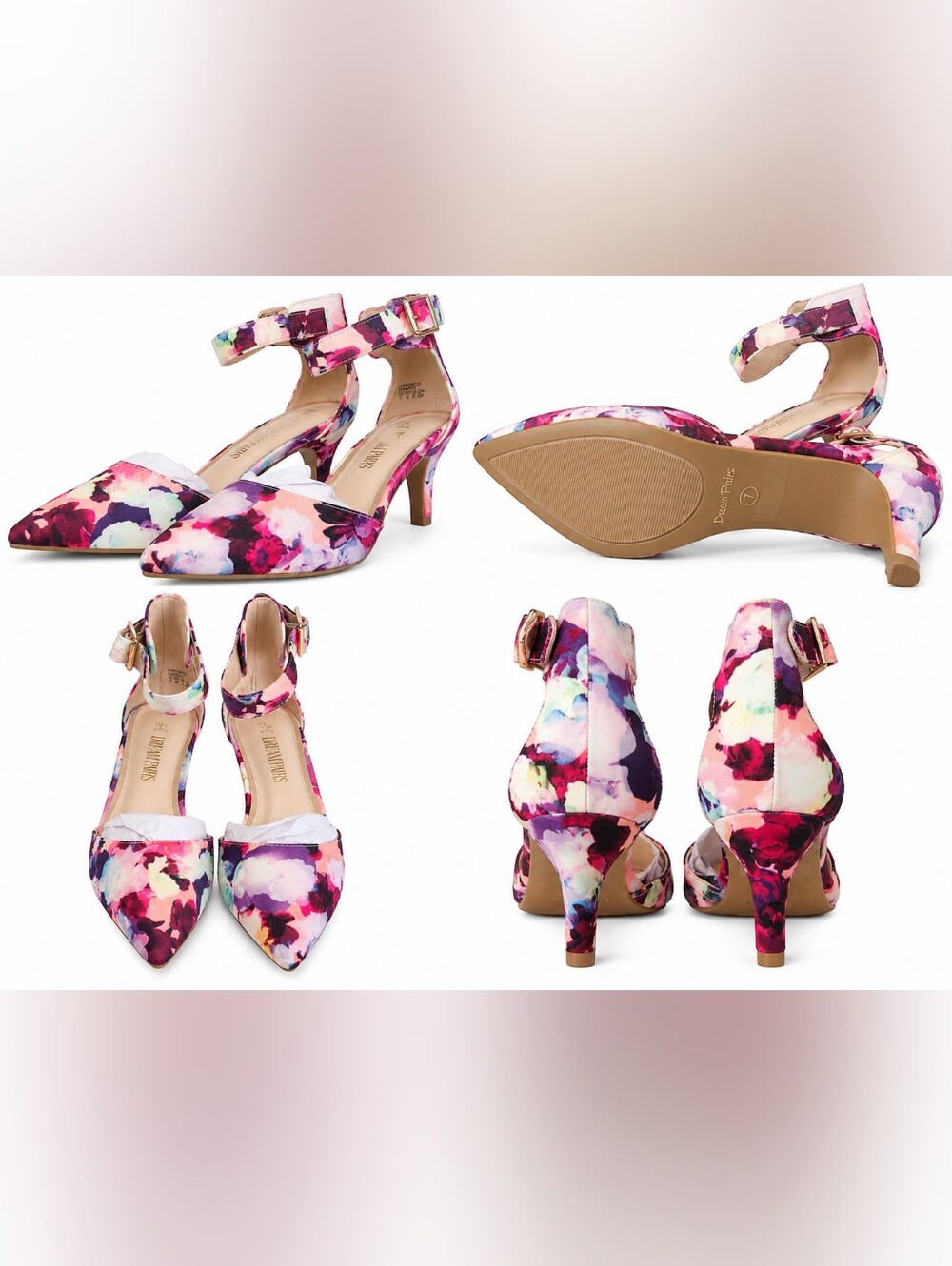 Dream Pairs Floral Pointed Toe Kitten Heels Ankle Strap Size 7 NWT